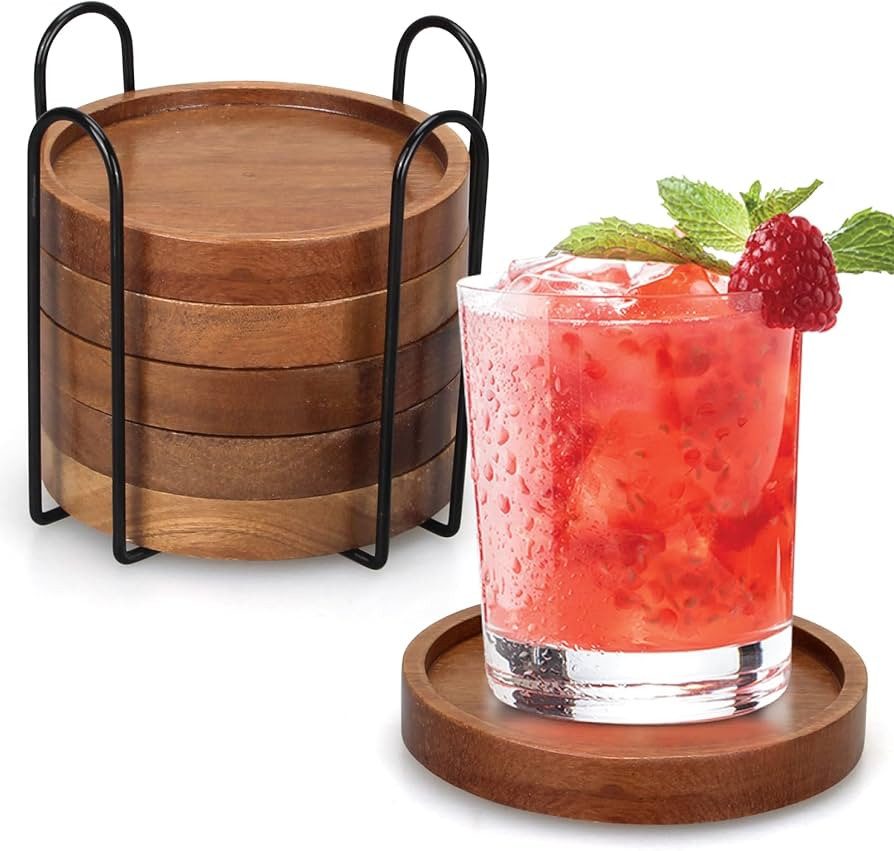 6 Pcs Best Wooden Coasters with Holder Coffee Table Decor Acacia Wood Coaster Set Modern Cup Coas... | Amazon (US)