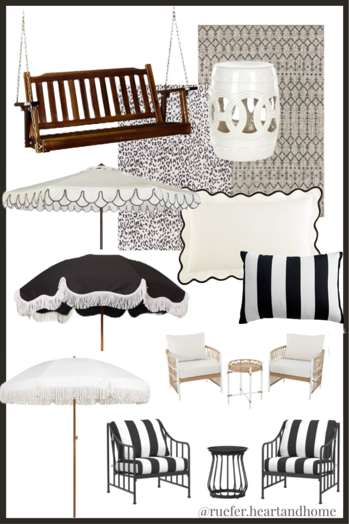 Outdoor living, patio furniture and decor, patio umbrellas, fringe umbrella, scalloped pillows, classic black and white outdoor decor, outdoor cushions and pillows, wooden swing, porch swing, outdoor rugs, outdoor chairs, ceramic garden stool

#LTKSpringSale #LTKhome #LTKSeasonal