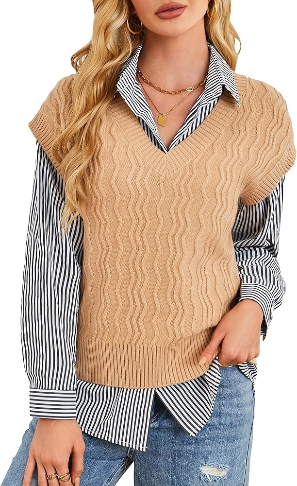 GRACE KARIN Womens V Neck Sweater Vest Ribbed Knit Casual Cap Sleeve Loose Fit Pullover Tops Fall... | Amazon (US)