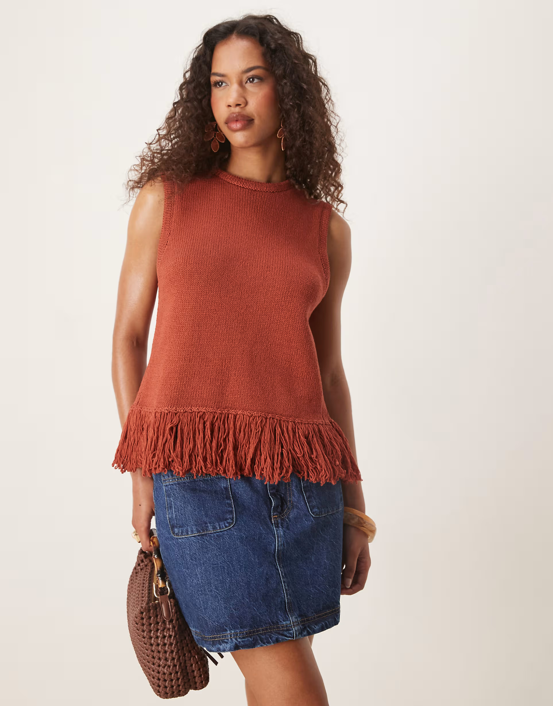 ASOS DESIGN clean knitted fringed tank in rust | ASOS | ASOS (Global)