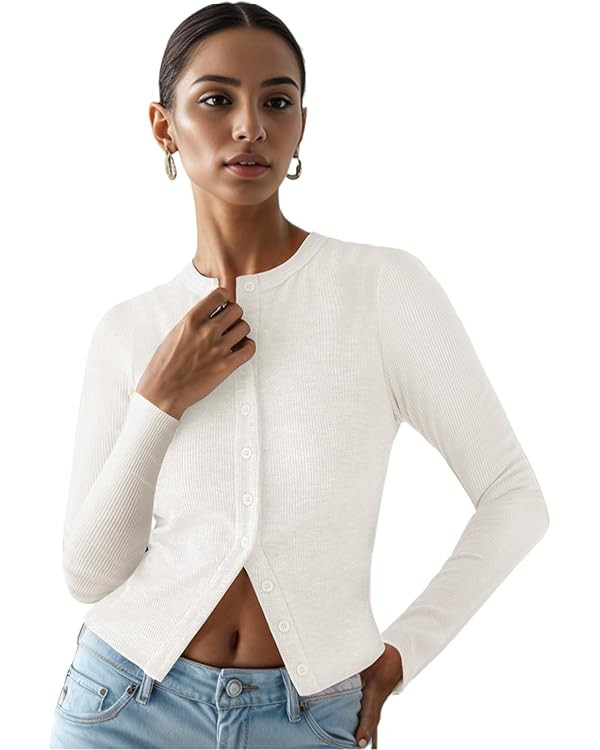 Ribbed Button Down Cardigan for Women, Long Sleeve Button Up Fall Knit Going Out Cropped Tops | Amazon (US)