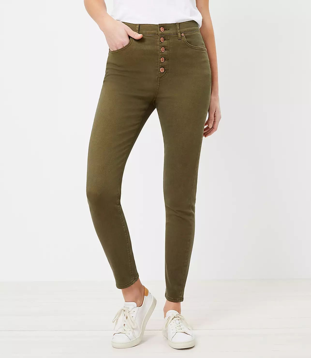 The High Waist Button Front Skinny Jean in Vintage Olive | LOFT