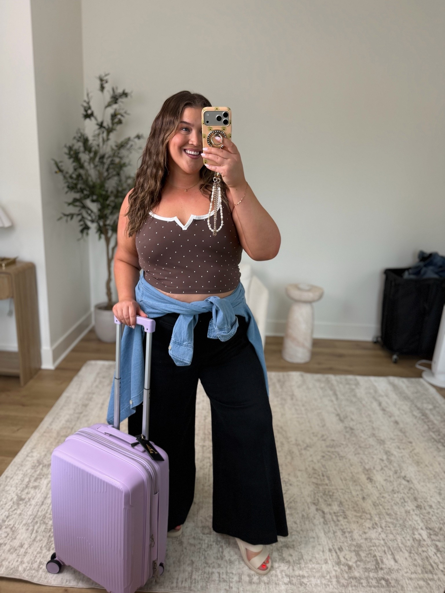 Travel outfit when it’s too hot for cute matching sets you throw something together and call it good 🤭✈️ Polka dot bra top size XXL linen blend black pants size 1X chambray denim button up size XXL

#LTKPlusSize #LTKgrwm #LTKootd