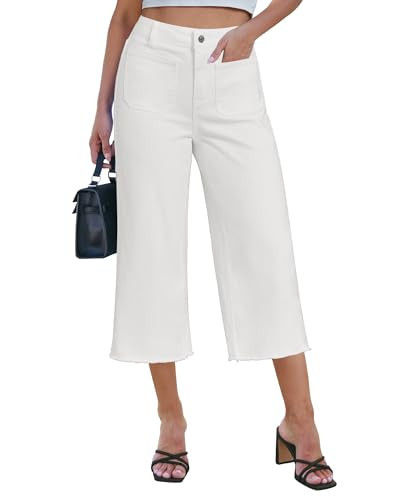 luvamia Capris Jeans for Women Wide Leg High Waisted Trendy Raw Hem Patch Pocket Cropped Stretchy Denim Capri Pants Summer Clothes for Women Cream White Small Fits Size 4 Size 6 | Amazon (US)