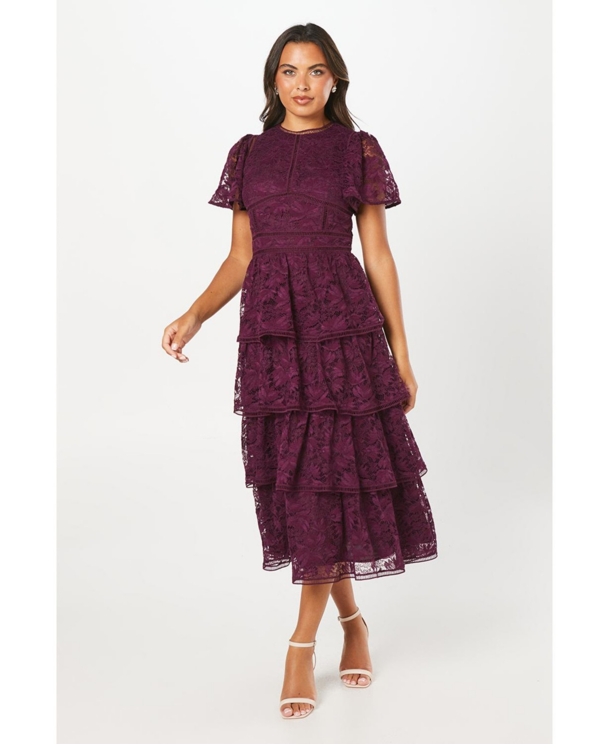 Coast Women's Tiered Lace Dress With Flutter Sleeve - Plum | Macy's