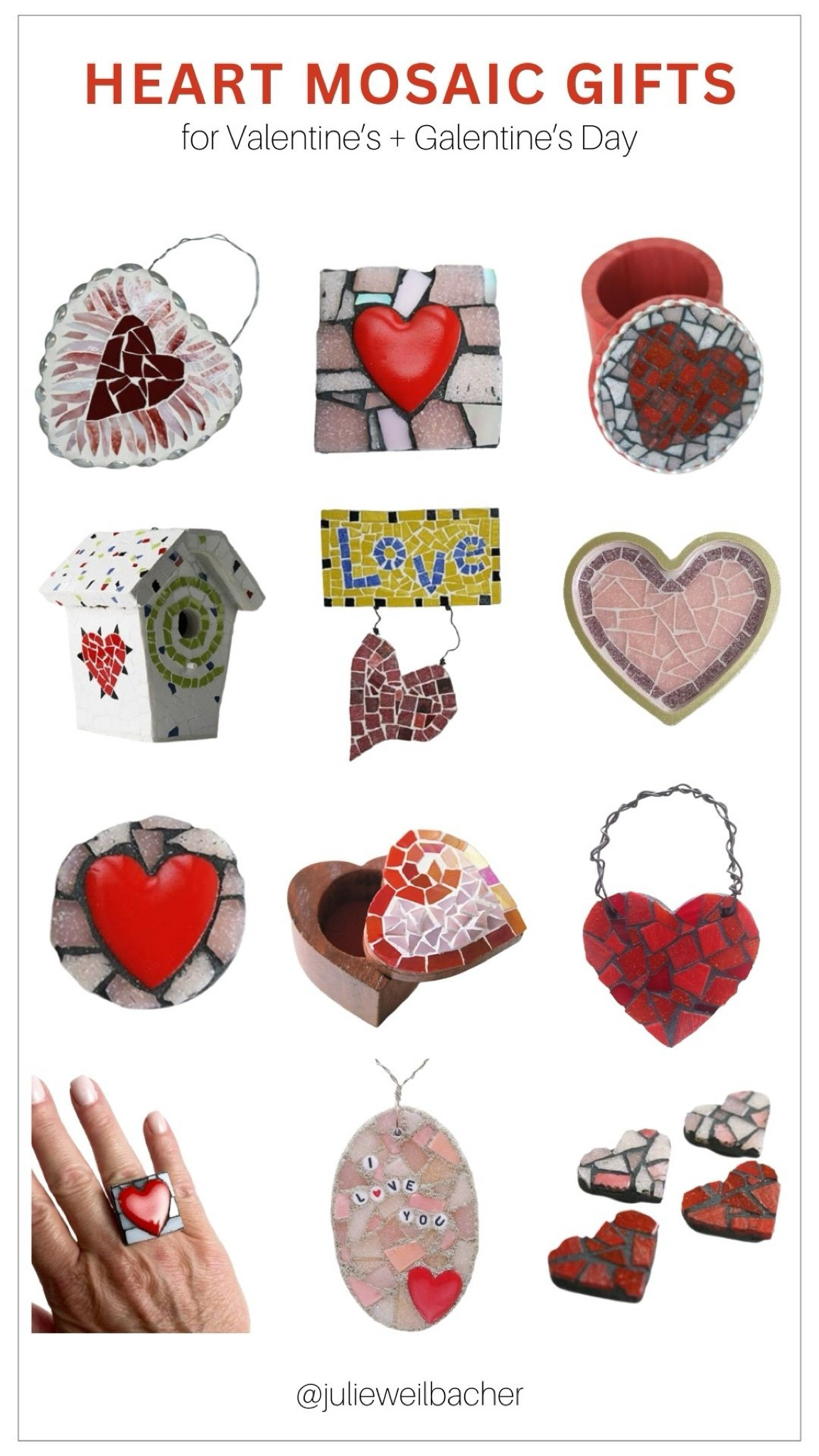 Sharing some love-inspired mosaic gifts for your Valentine or Galentine. ❤️ Items featured include wall art, magnets, decorative boxes, a birdhouse, trinket or jewelry dish, ornaments, and a ring. ❤️ For more mosaic tips, tutorials, inspiration and so much more please visit my YouTube channel: YouTube.com/julieweilbacher. Follow @julieweilbacher on Instagram for all things mosaic art. mosaic - heart art - Valentine’s Day gift ideas - mosaic art - mosaics - Galentine’s Day gift ideas - gifts for your gal pals - mosaic making

#LTKGiftGuide #LTKSeasonal #LTKhome