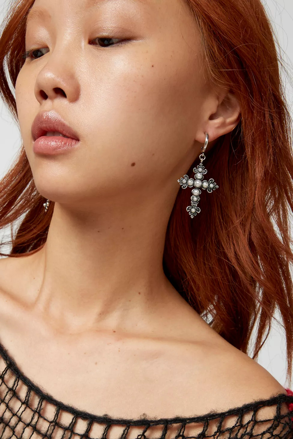 Pearl Cross Charm Hoop Earring | Urban Outfitters (US and RoW)