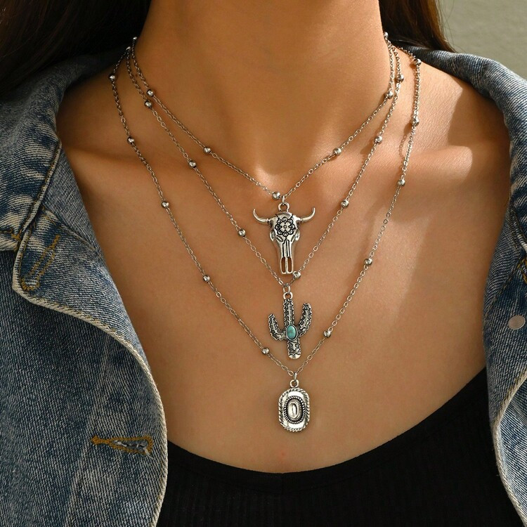 3-Delige Set Modieuze Retro Choker Ketting Met Imitatie-Turkoois, Cactus En Stierenkop Hanger Sieradenset | SHEIN