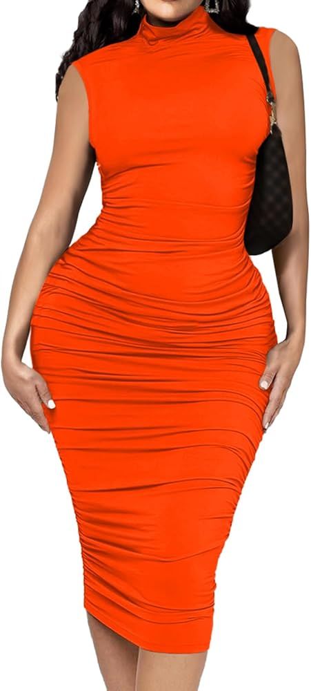Ekaliy Women's Ruched Bodycon Midi Dress Sexy Mock Neck Sleeveless Pencil Dresses | Amazon (US)