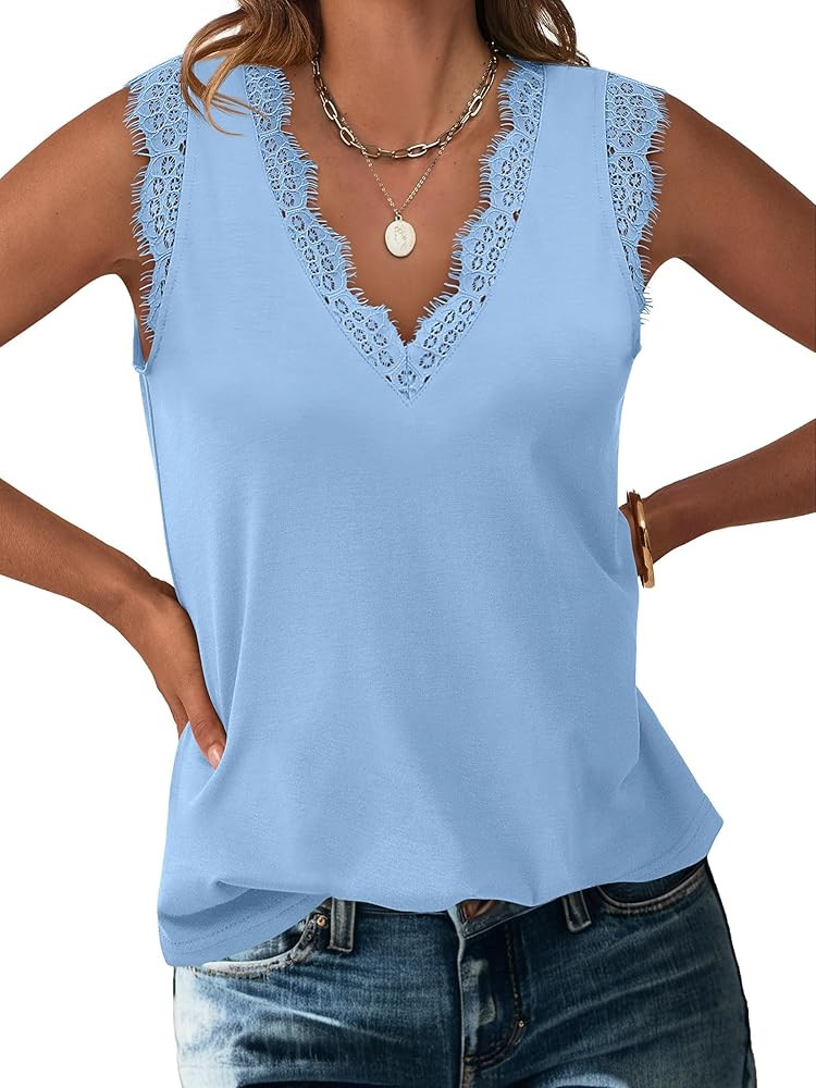 ANRABESS Womens Lace Trim Tank Tops V Neck Sleeveless Shirts 2026 Summer Casual Trendy Dressy Cam... | Amazon (US)