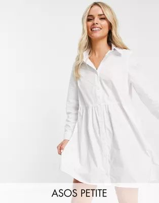 ASOS DESIGN Petite cotton mini smock shirt dress in white | ASOS (Global)