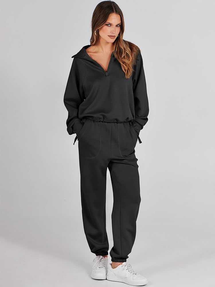 Caracilia Women 2 Piece Outfits Sweatsuit Set 2023 Fall Half Zip Sweatshirt with Sweatpant Lounge Se | Amazon (US)
