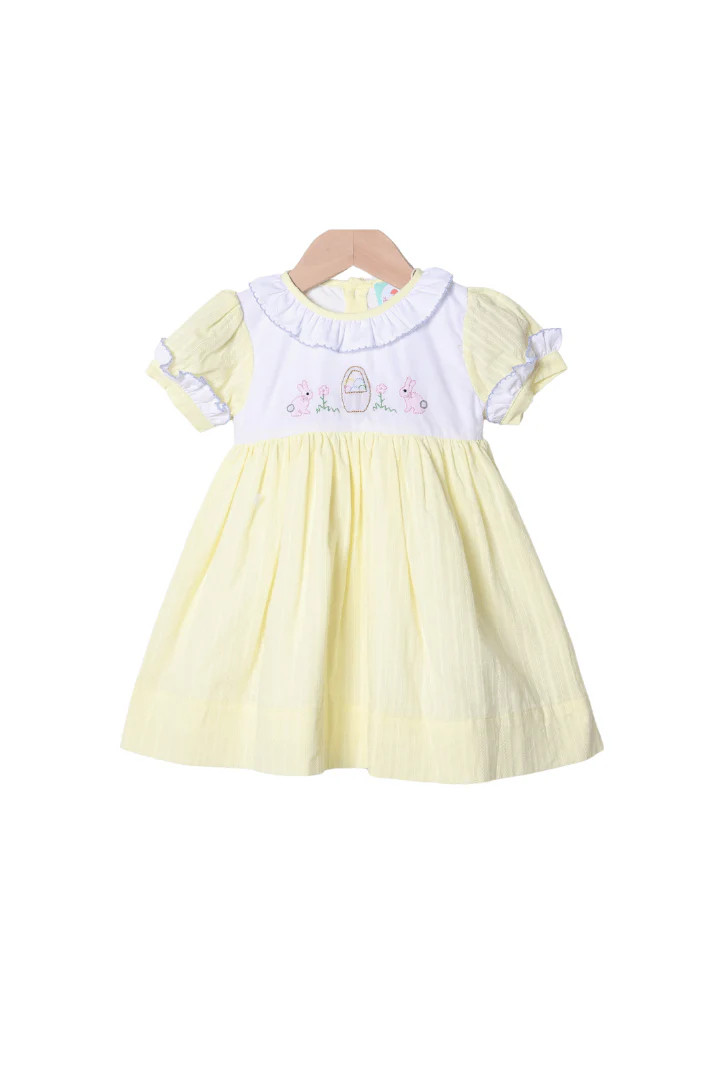 Shadow Embroidery Easter Bunny Basket Yellow Linen Dress | The Smocked Flamingo