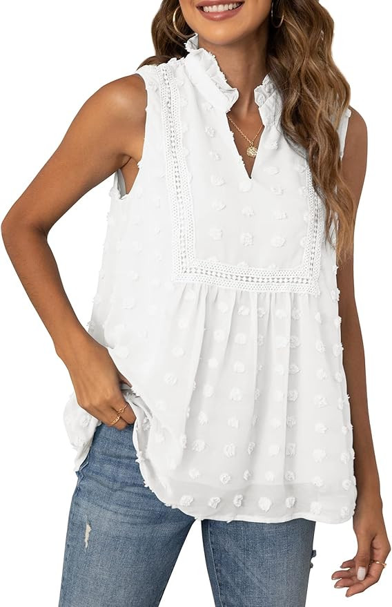 VIISHOW Womens Summer Casual V Neck Swiss Dot Pom Pom Sleeveless Tank Top Pure Color Chiffon Blou... | Amazon (US)