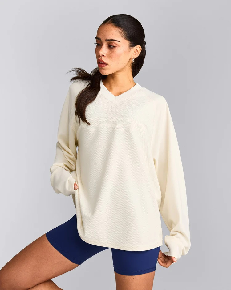 Oversized V Neck Long Sleeve T-Shirt with Oner Graphic 
 Off White | Oner Active (UK / US)