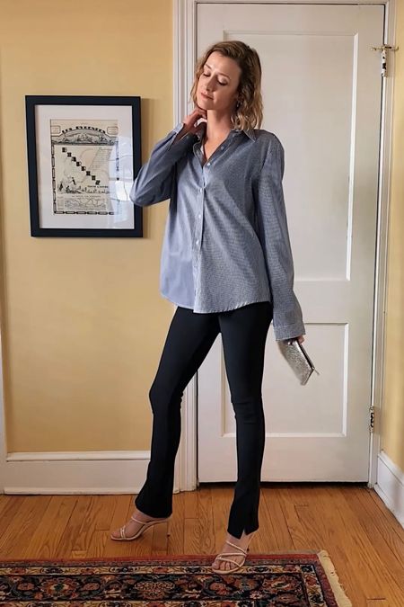 An oversized button down and side slit leggings are a cool going out look with sparkly sandals. 

#LTKitbag #LTKshoecrush #LTKstyletip