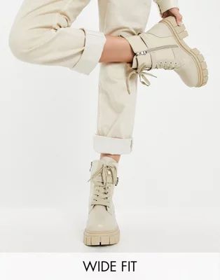 Simmi London Wide Fit Kai chunky lace up boots with buckles in stone | ASOS (Global)