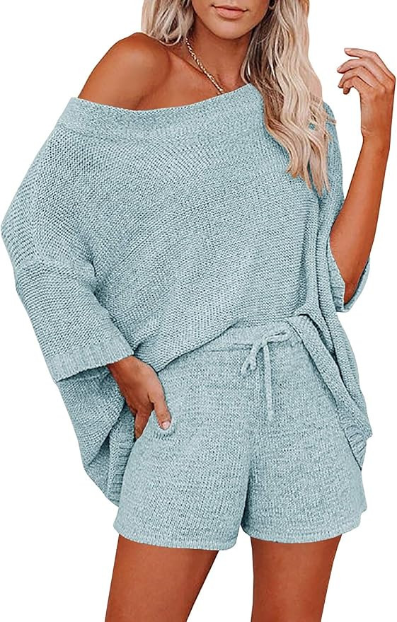 Mafulus Women's 2 Piece Outfits Sweater Set Off Shoulder Knit Top + Drawstring Waist Short Suits ... | Amazon (US)