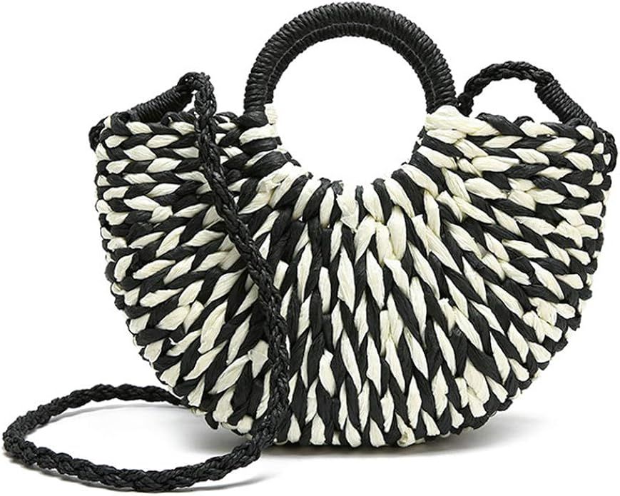 QTKJ Women Summer Retro Straw Tote Bag Hand-woven Boho Shoulder Bag Crossbody Bag Round Handle Be... | Amazon (US)