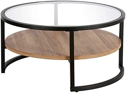 Henn&Hart Black and Bronze Round Metal Coffee Table with Rustic Wood Oak Shelf | Amazon (US)