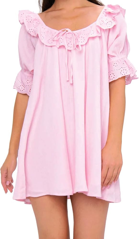 Meiyi station Womens Eyelet Babydoll Dress Ruffle Collar Puff Sleeve Scoop Neck Tie Back Mini Sho... | Amazon (US)