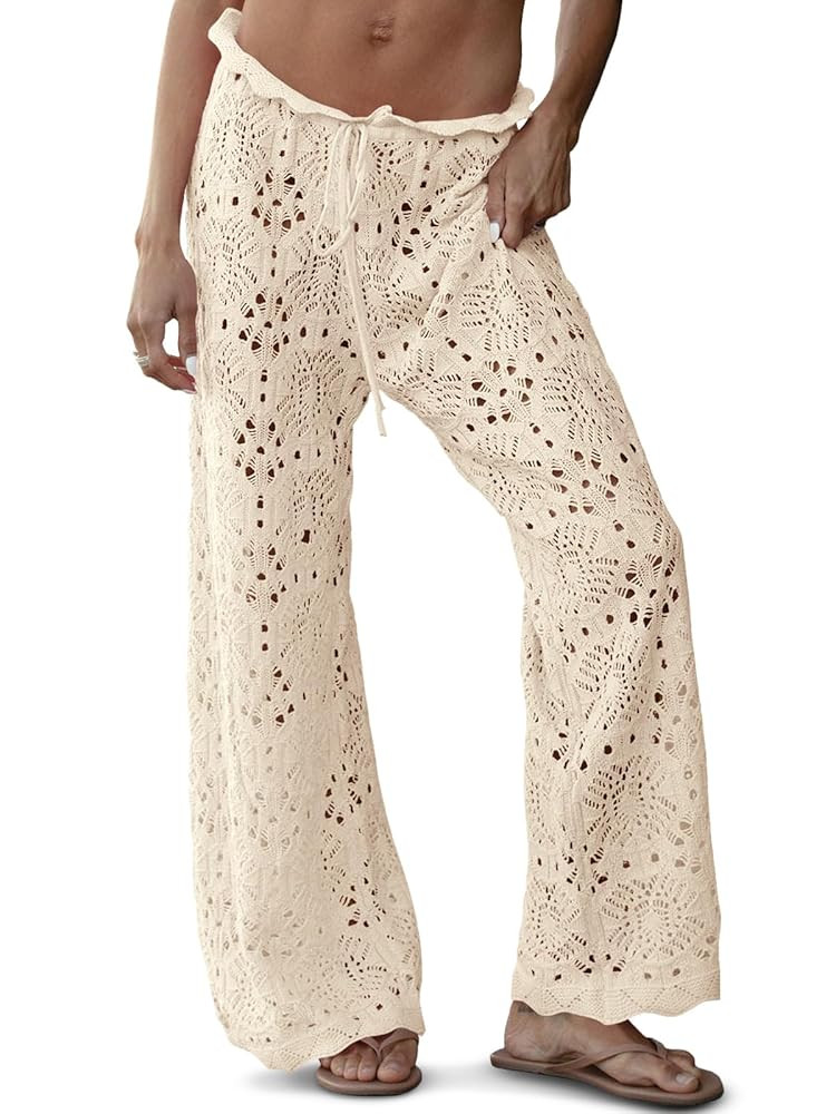 Saodimallsu Womens Crochet Swimsuit Coverup Pants High Waisted Drawstring Sexy Sheer Mesh Knit Wi... | Amazon (US)