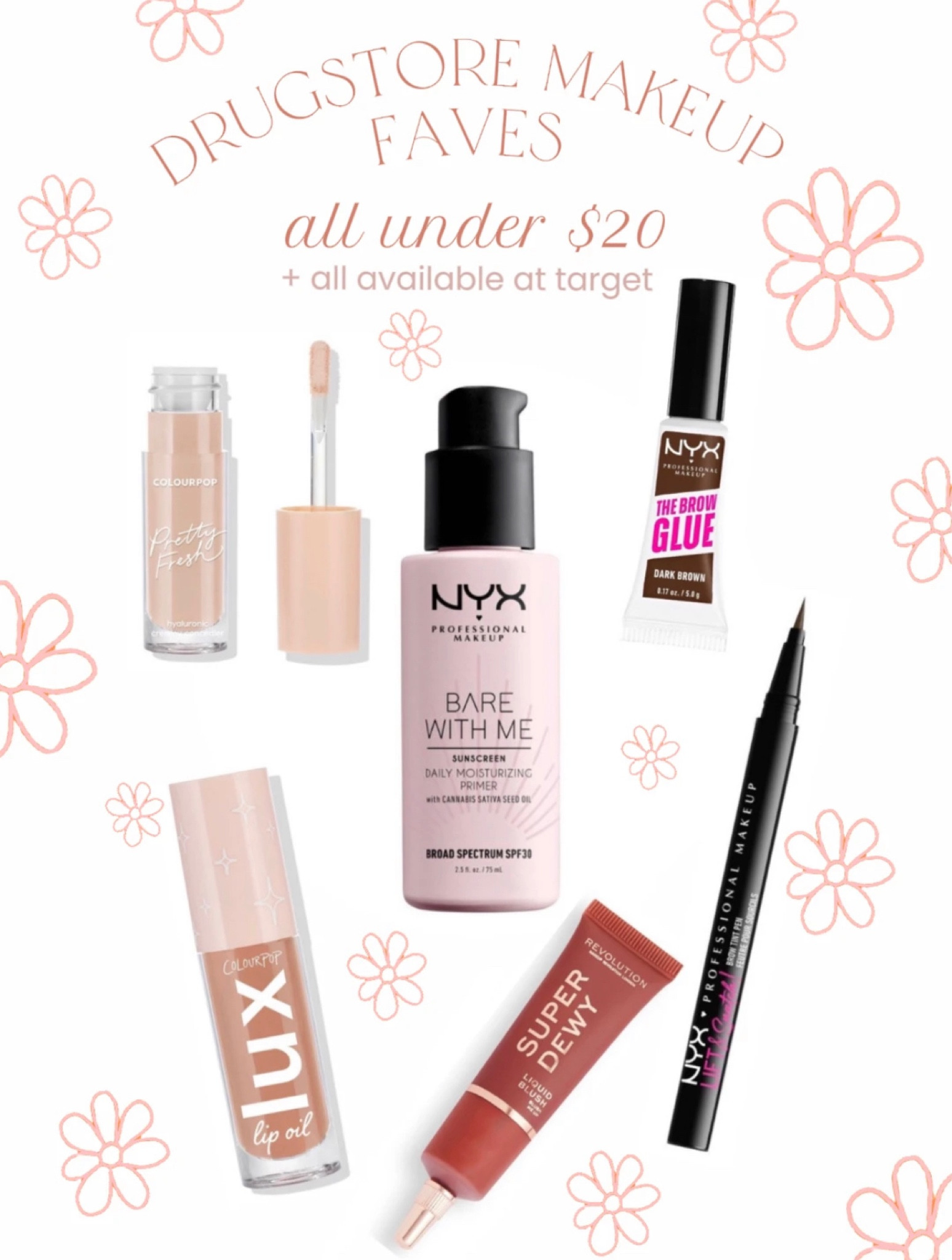 These are my current go to’s as far as drugstore makeup brands! I did get them all at Target AND they are all under $20🎯  1. NYX Bare With Me SPF Primer (With Sativa Oil) : literally the holy grail of dewy + moisturizing primers! I love the glow it gives me and as someone with really dry skin- this primer gives my face life, quite literally.  2. NYX Eyebrow Glue AND NYX Lift & Snatch Brow Tint Pen: I use this duo together! They give your brow the perfect natural / fresh lami + tint look and I am OBSESSED. Just listen to me and get them both!!! ASAP.  3. Colourpop Pretty Fresh Hyaluronic Concealer: this concealer is definitely a tarte shape tape DUPE 🤓🤌🏽 it does not crack whatsoever and gives your under eye a light and bright look 24/7! 4. Colourpop Lux Lip Oil: I prefer this lip oil over my aquaphor and any chapstick for that matter. That should tell ya enough because ya girl is diehard for some aquaphor and chappppy stick. But for realllll, it is so pretty on and is the perfect natural look for summer! 5. Revolution Super Dewy Liquid Blush: this was my first ever liquid blush and I’m so hooked on it. I even use it as a lip tint and it does not disappoint!

#LTKbeauty #LTKFind #LTKsalealert