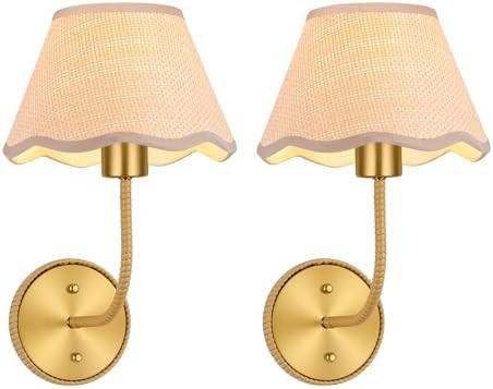 Boho Wall Sconces Set of Two Rattan Wall Lamp Rustic Brass Wall Mount Light Hardwire Wall Sconces... | Amazon (US)