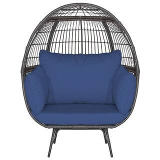 Wicker Outdoor Chaise Lounge Oversized Patio PE Rattan Egg with 4 Navy Cushions | The Home Depot