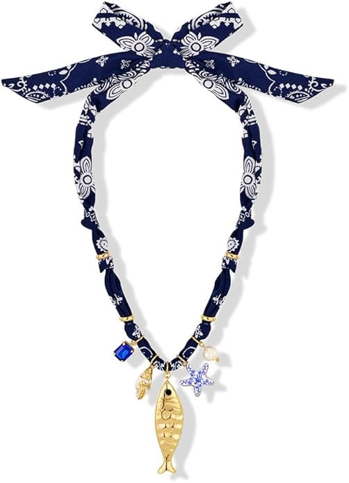 Chunky Gold Fish Pendant Necklace For Women Long Silk Scarf Turquoise Strand Necklace With Fish P... | Amazon (US)