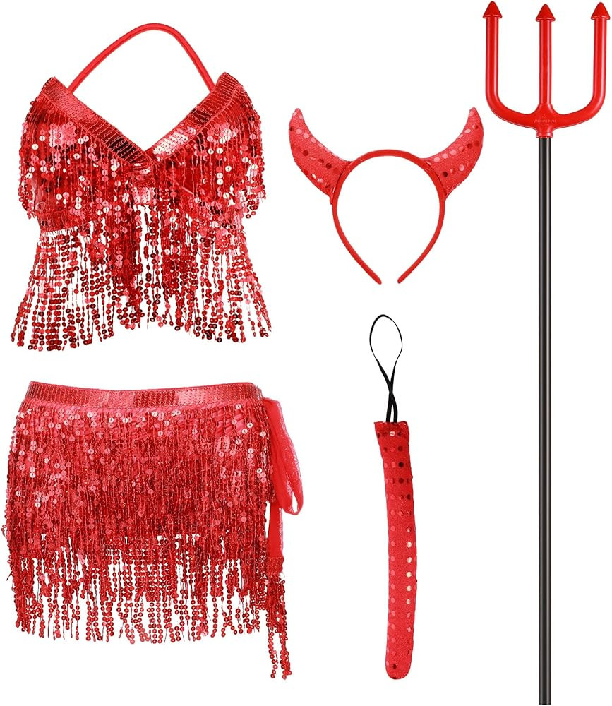 5 Pcs Devil Costumes Set for Women Includes Fringe Bra Top and Skirts Sequin Devil Horn Headband ... | Amazon (US)