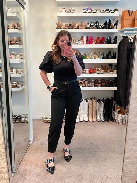 Black puff sleeve top, dress pants, jogger style pants, joggers, buckle ballet flats, trendy shoes, casual outfit, spring outfit, silver jewelry, casual workwear

#LTKWorkwear #LTKShoeCrush #LTKStyleTip