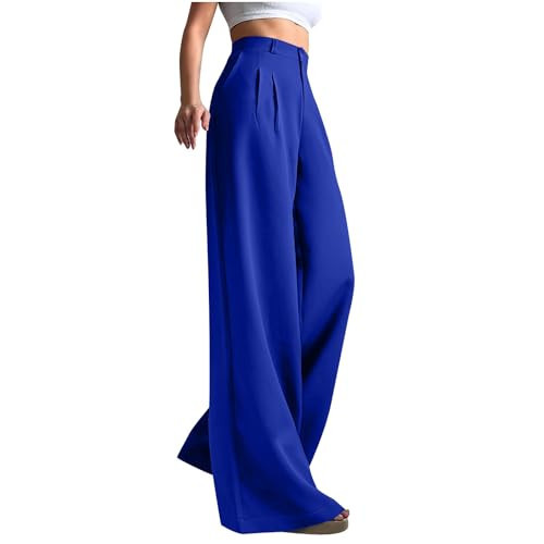YMADREIG Wide Leg Pants Woman High Waisted Business Casual Work Dress Pant Dressy Palazzo Slacks Flowy Trousers with Pockets Blue Womens Professional Clothes Small | Amazon (US)