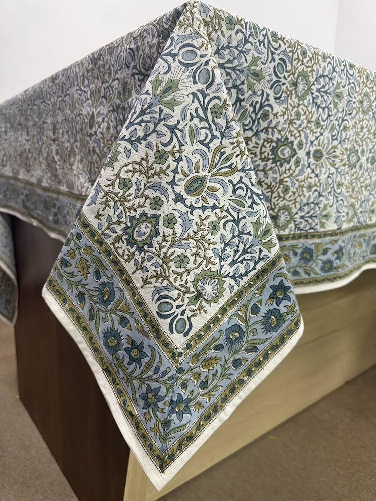 Ridhi Indigo Floral Hand Block Print Cotton Rectangle Tablecloth 60 x 60 inches Reusable Table Co... | Amazon (US)