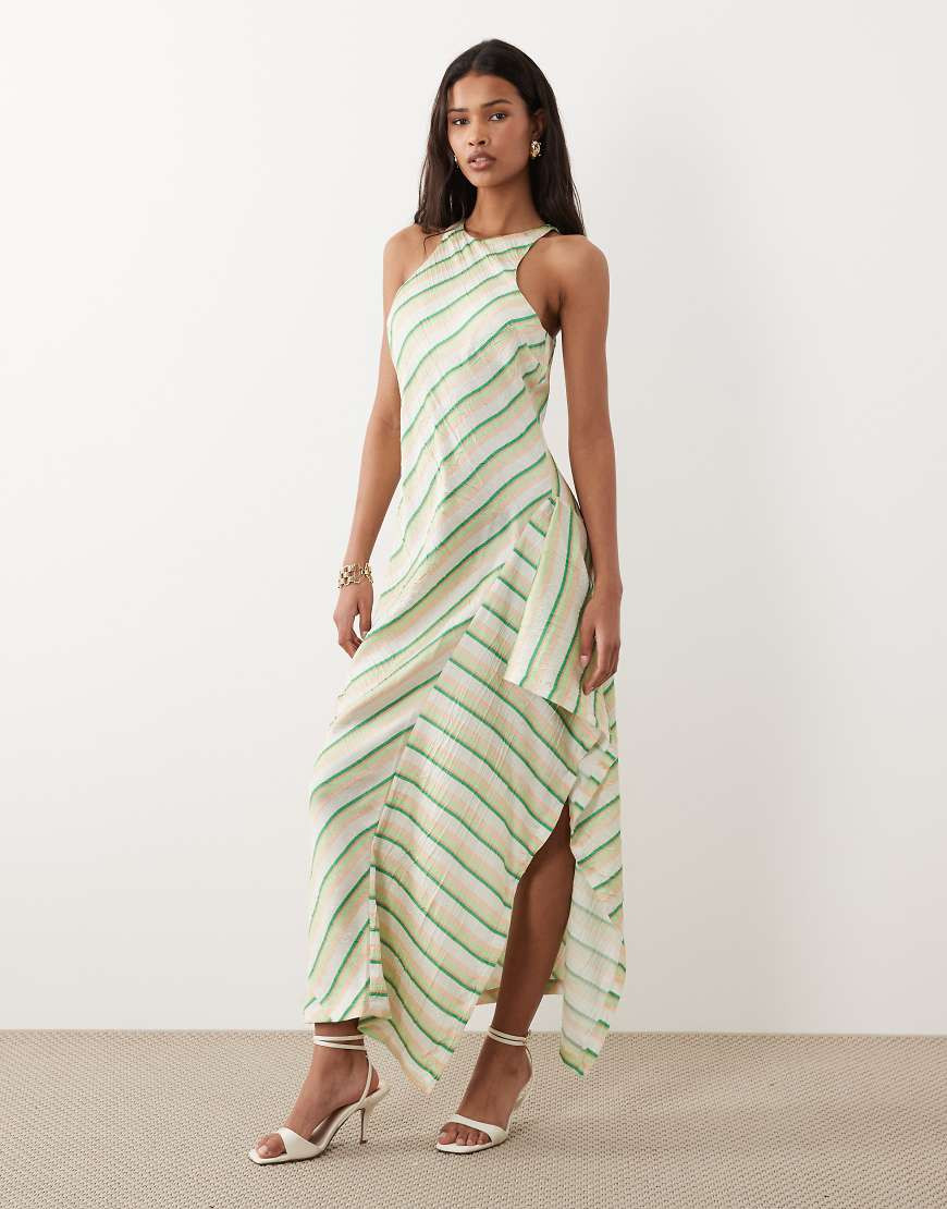ASOS DESIGN satin racer midi dress with side ruffle detail in multi stripe | ASOS (Global)