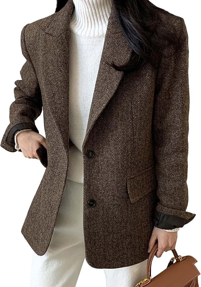 SOMTHRON Women's Herringbone Wool Blend Coat Single Breasted Long Sleeve Fall Winter Work Busines... | Amazon (US)