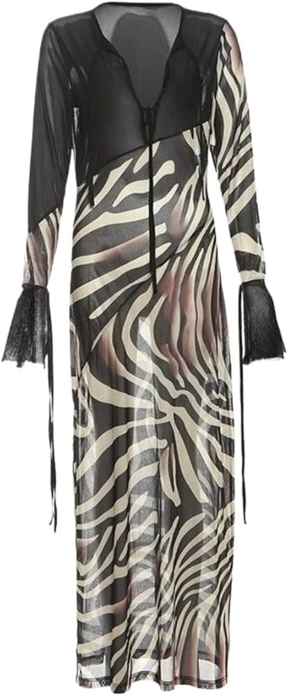Women's Chic Sexy Zebra Print Sheer Color-Block Sexy V-Neck Long Bell Sleeve Mesh Beach Maxi Dres... | Amazon (US)