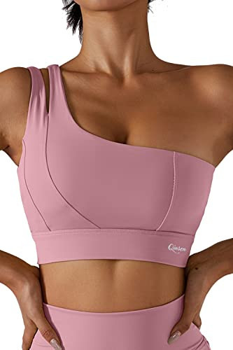 QINSEN Fashion Womens One Shoulder Sports Bra for Sports Athletic Workout Crop Top Pink L | Amazon (US)
