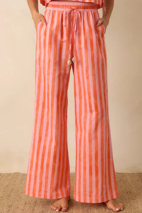 Paradisa Gulf Coast Pink & Orange Stripe Linen Blend Pants | Red Dress