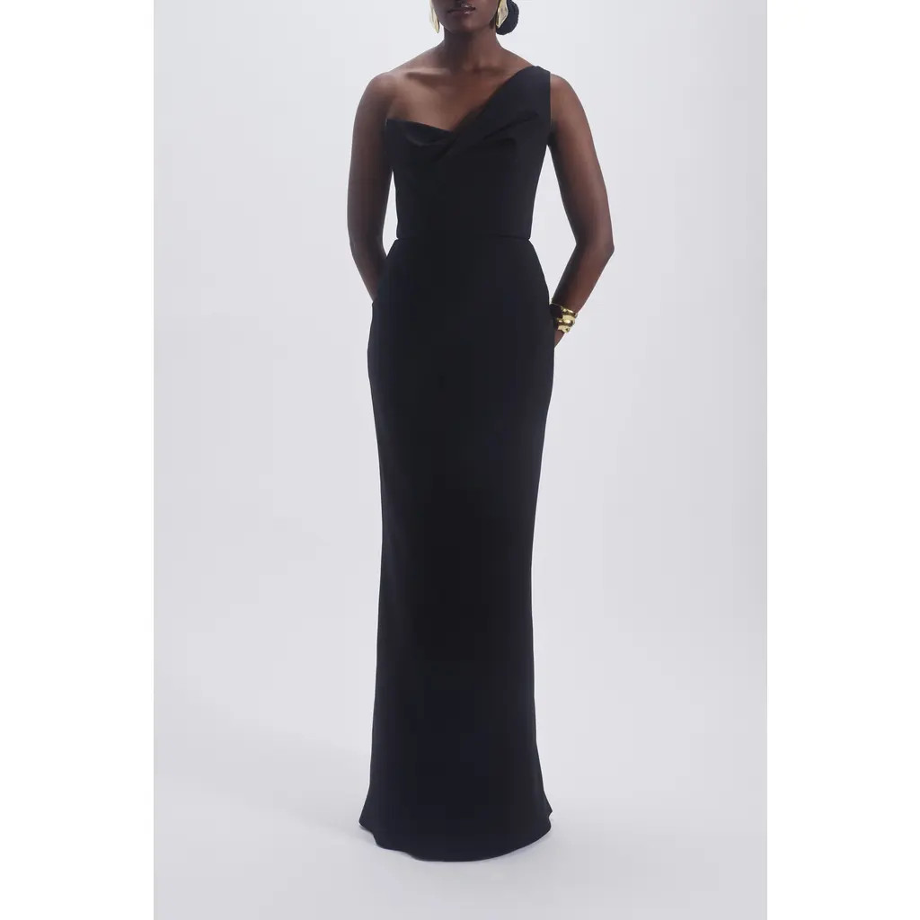 Amsale One Shoulder Draped Gown in Black at Nordstrom, Size 14 | Nordstrom