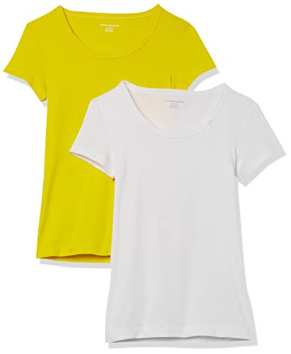 Amazon Essentials Women's Slim-Fit Cap-Sleeve Scoop Neck T-Shirt, Pack of 2, White/Lemon Yellow, Large | Amazon (US)