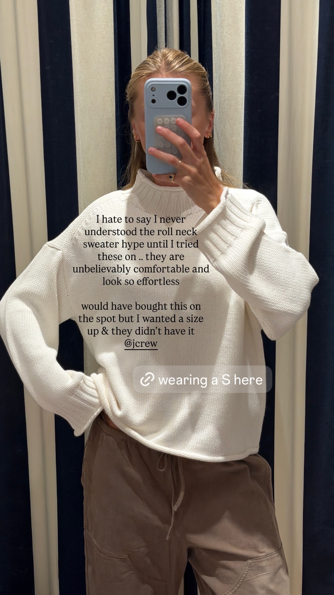 I hate to say I never understood the roll neck sweater hype until I tried these on .. they are unbelievably comfortable and look so effortless 

would have bought this on the spot but I wanted a size up & they didn’t have it 
@jcrew