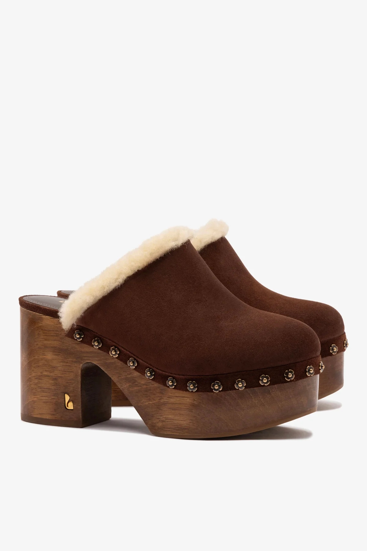 Miso Wooden Platform Clog In Brown Suede And Natural Shearling | Larroude