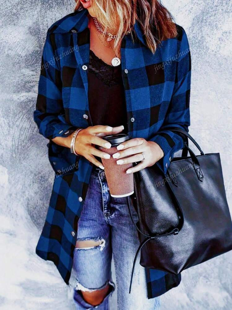 Flannel For Women 2024 Fall Fashion Long Sleeve Plaid Button Down Shirts Shacket Blouse Top | SHEIN