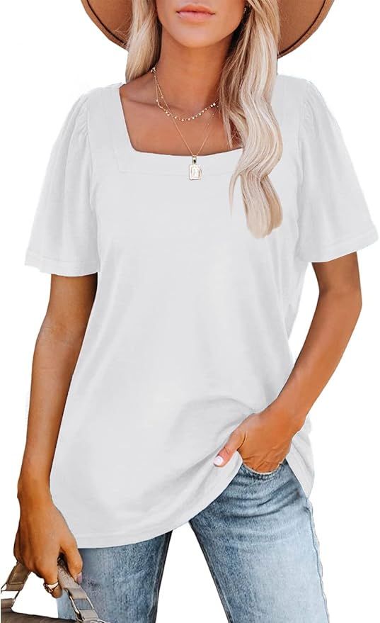 MIHOLL Womens Tops Puff Short Sleeve Square Neck Casual Loose T Shirts | Amazon (US)