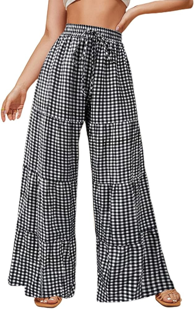 LilyCoco Women’s Wide Leg Pants Summer Palazzo Elastic Drawstring Waist Casual Ruffle Hem Belle... | Amazon (US)