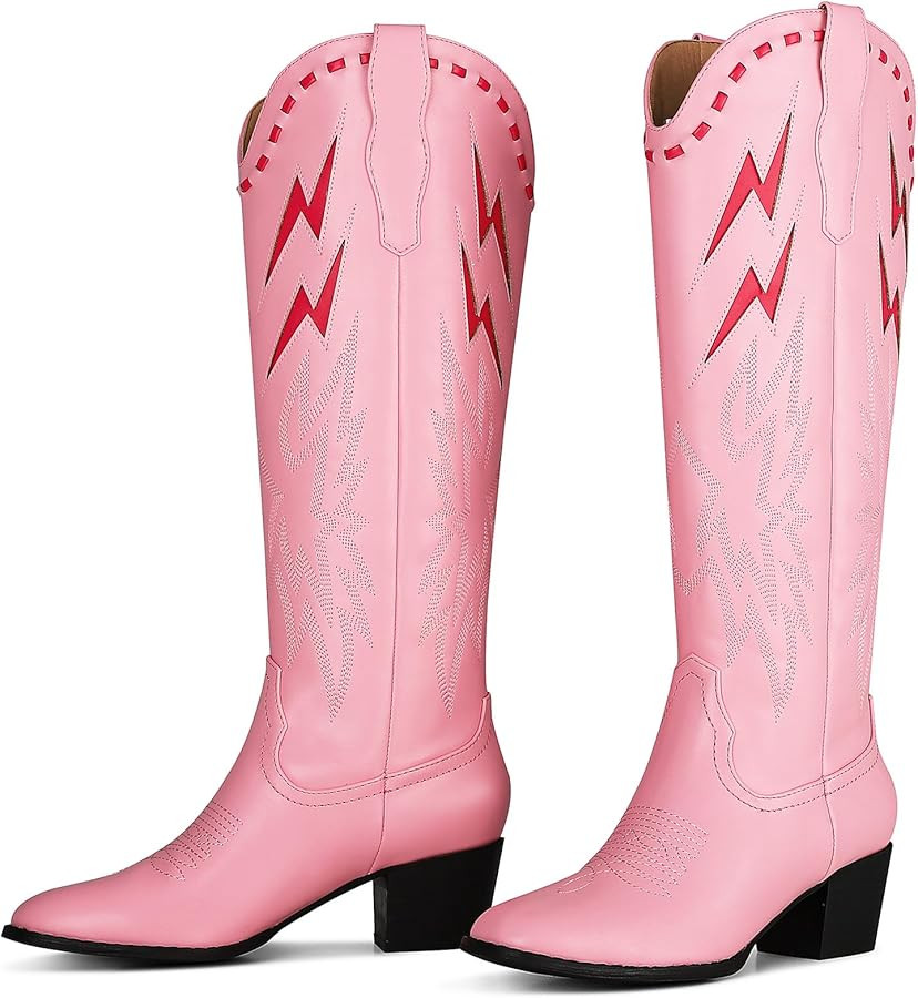 LinnOaks Pink Cowboy Boots for Women Almond Round Toe Chunky Mid Heel Knee High Boots Pull On Emb... | Amazon (US)
