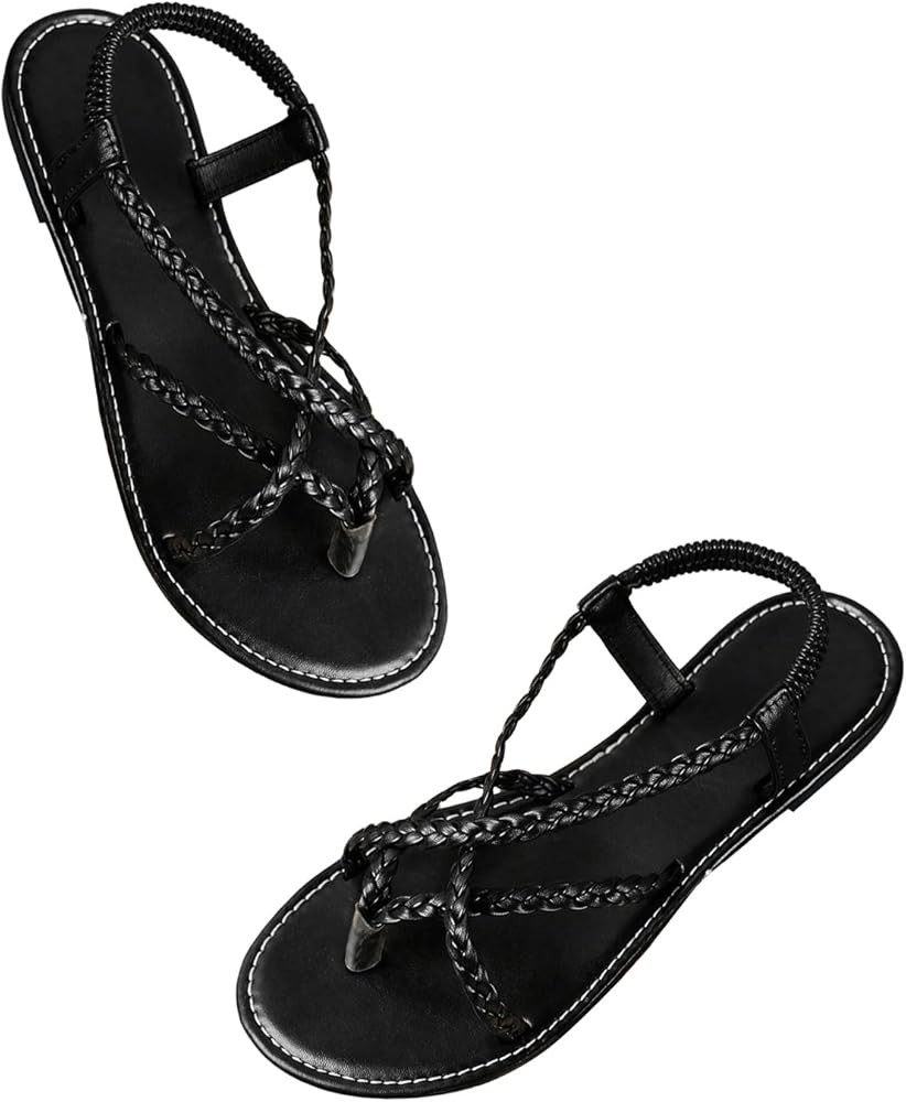 Verdusa Women's Flat Sandals Strappy Dressy Ankle Strap Casual Summer Thong Sandals for Beach | Amazon (US)