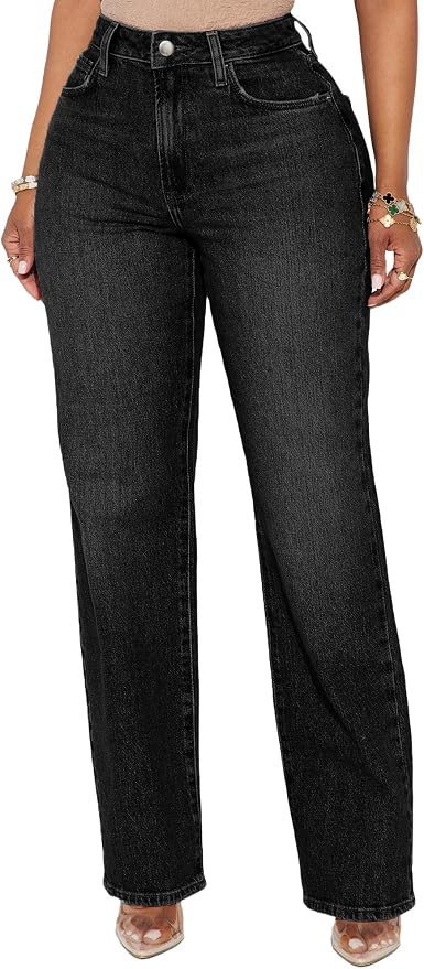 BessCops Straight Leg Jeans for Women High Waisted Wide Leg Stretchy Loose Denim Pants | Amazon (US)