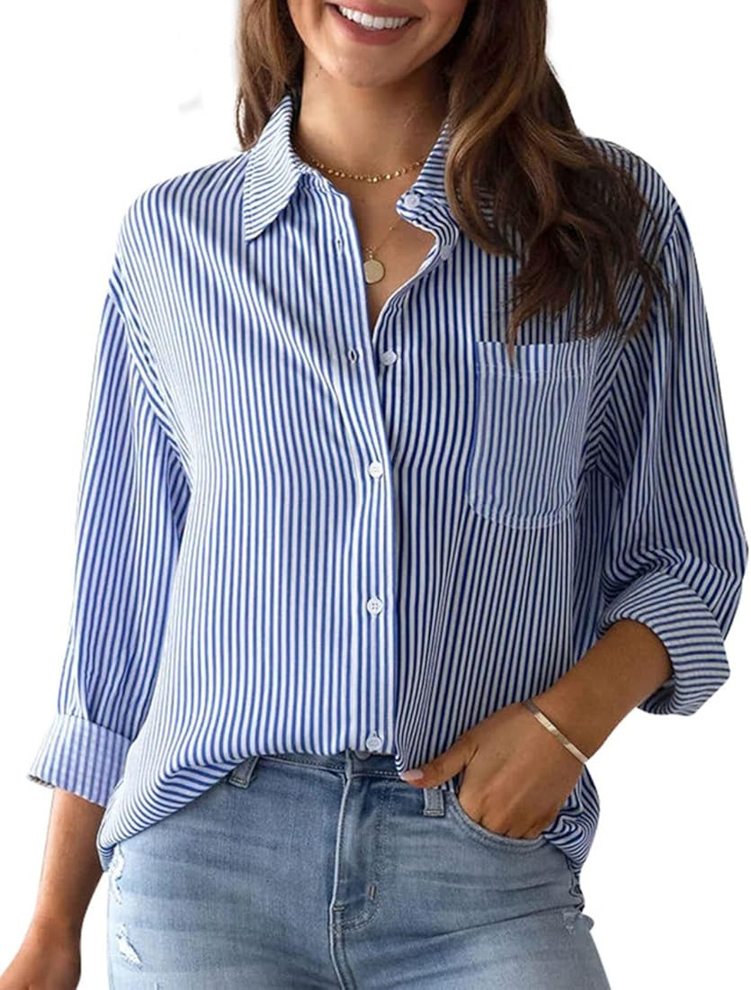 Women's Button Down Shirts Long Sleeve Classic Striped Blouses Casual Tops Office Work Blouses | Amazon (US)